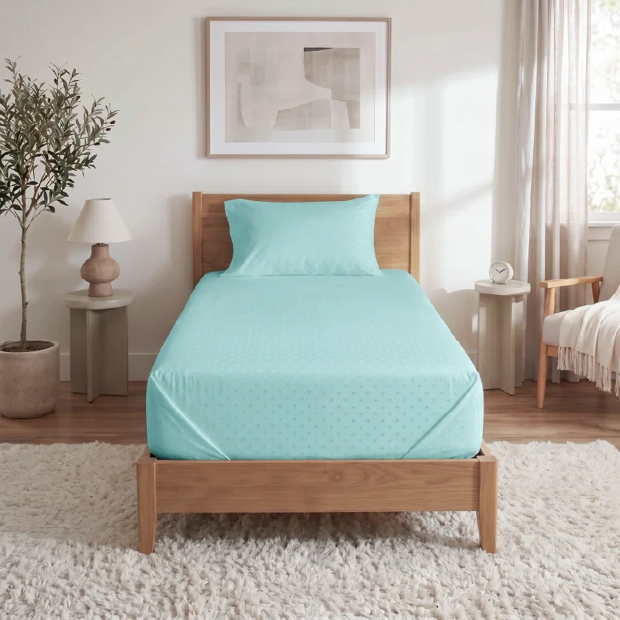 Bedsheet Set | Swiss Dot | 100% Cotton Single Size Bedsheet + 1 Pillow Case | 300TC - Single - Swiss-Dot-Pale-Turquoise