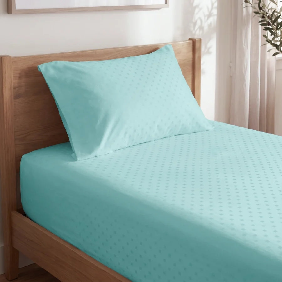 Bedsheet Set | Swiss Dot | 100% Cotton Single Size Bedsheet + 1 Pillow Case | 300TC - Single - Swiss-Dot-Pale-Turquoise