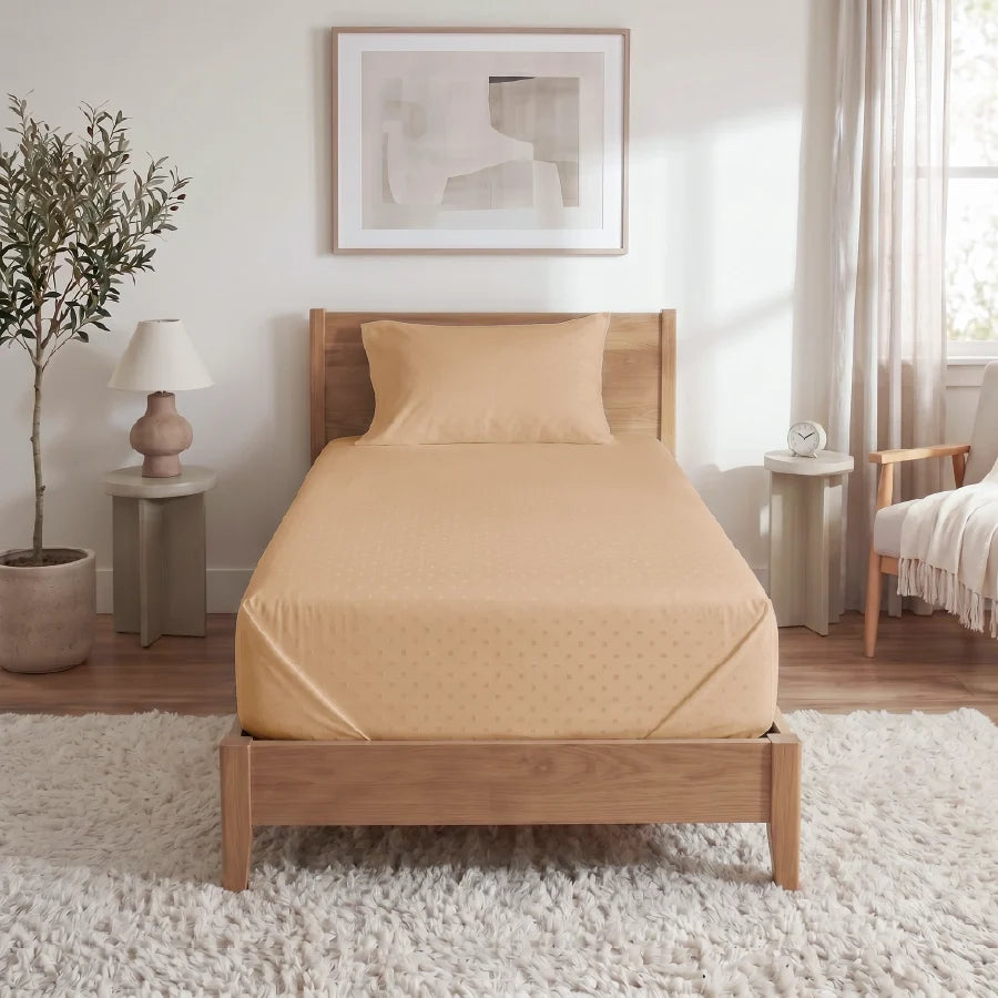 Bedsheet Set | Swiss Dot | 100% Cotton Single Size Bedsheet + 1 Pillow Case | 300TC - Single - Swiss-Dot-Toasted-Almond