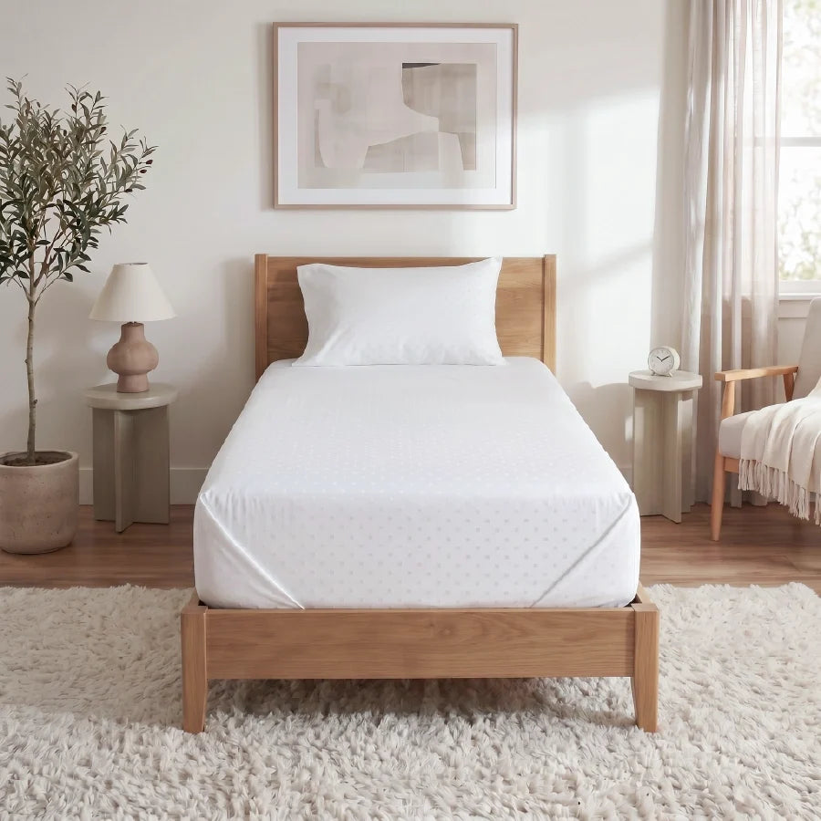Bedsheet Set | Swiss Dot | 100% Cotton Single Size Bedsheet + 1 Pillow Case | 300TC - Single - Swiss-Dot-White