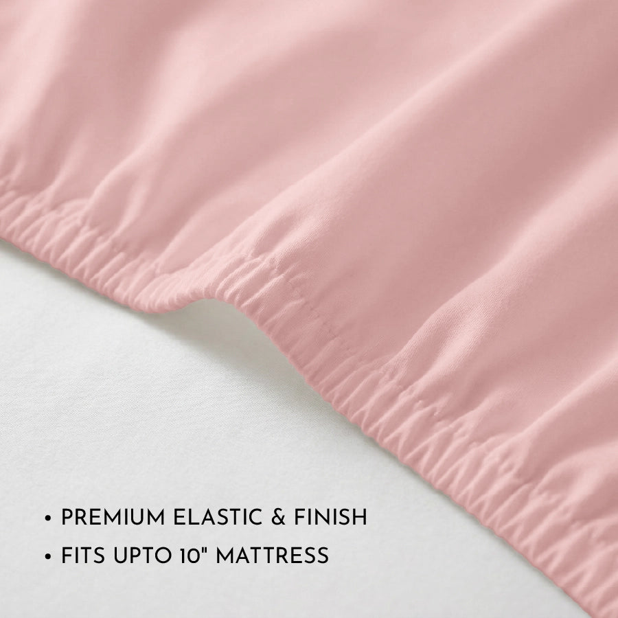 Fitted Bedsheet Set |  400TC Solid | 100% Cotton Bedsheet + 2 Pillow Cases [Sizes: King Bedsheets & Queen/ Double Bedsheets] - Solid-Cameo-Rose