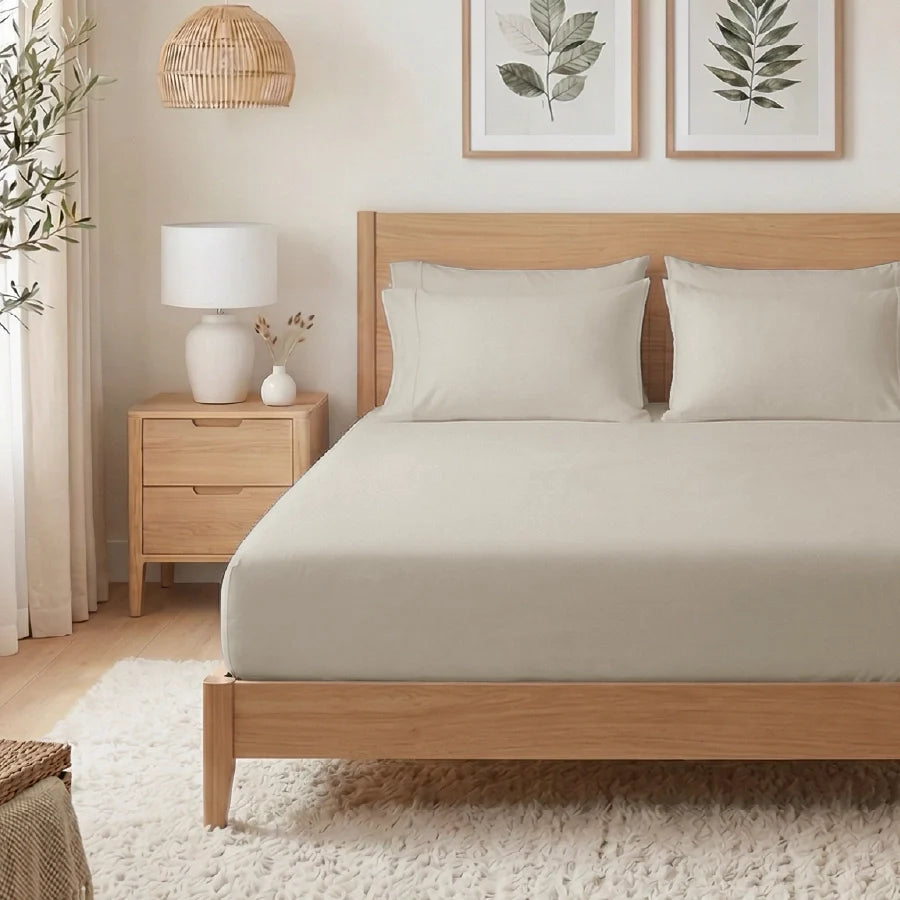 Fitted Bedsheet Set |  400TC Solid | 100% Cotton Bedsheet + 2 Pillow Cases [Sizes: King Bedsheets & Queen/ Double Bedsheets] - Solid-Beige