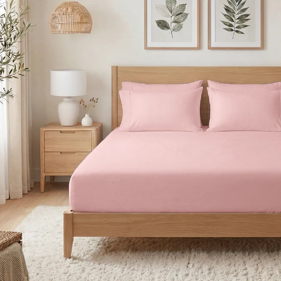 Fitted Bedsheet Set |  400TC Solid | 100% Cotton Bedsheet + 2 Pillow Cases [Sizes: King Bedsheets & Queen/ Double Bedsheets] - Solid-Cameo-Rose