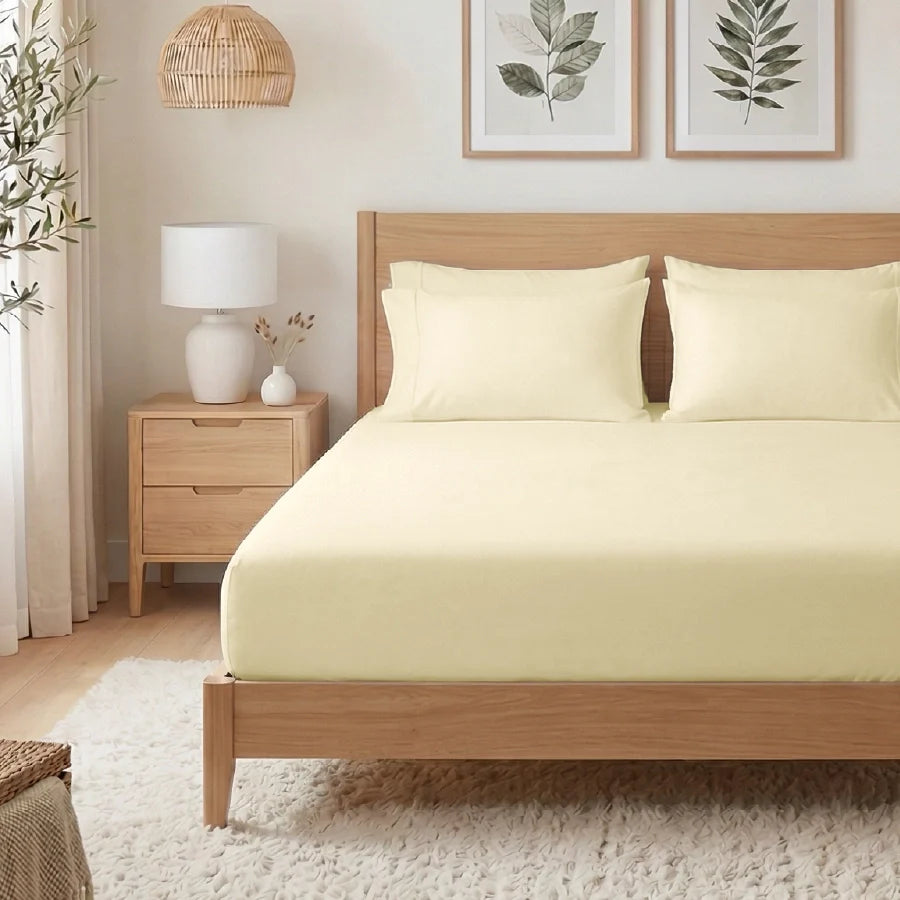 Fitted Bedsheet Set |  400TC Solid | 100% Cotton Bedsheet + 2 Pillow Cases [Sizes: King Bedsheets & Queen/ Double Bedsheets] - Solid-Ivory