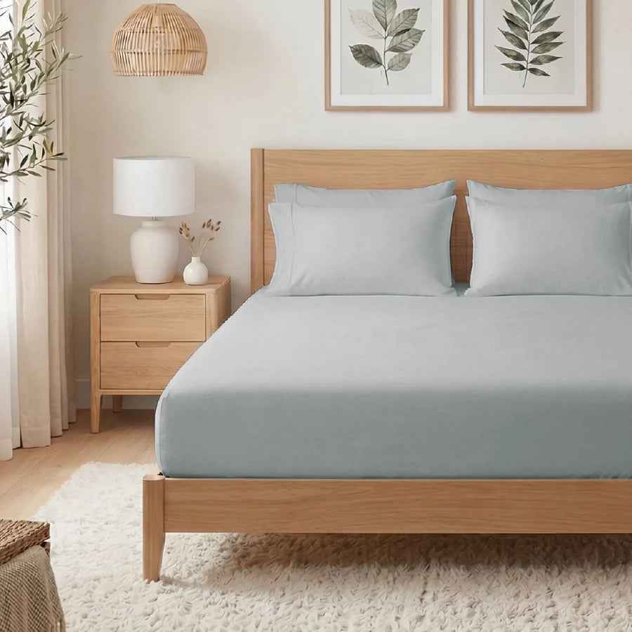 Fitted Bedsheet Set |  400TC Solid | 100% Cotton Bedsheet + 2 Pillow Cases [Sizes: King Bedsheets & Queen/ Double Bedsheets] - Solid-Light-Grey