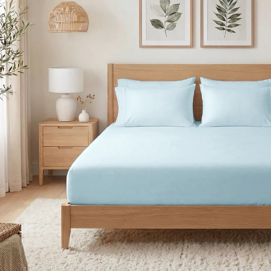 Fitted Bedsheet Set |  400TC Solid | 100% Cotton Bedsheet + 2 Pillow Cases [Sizes: King Bedsheets & Queen/ Double Bedsheets] - Solid-Pale-Blue