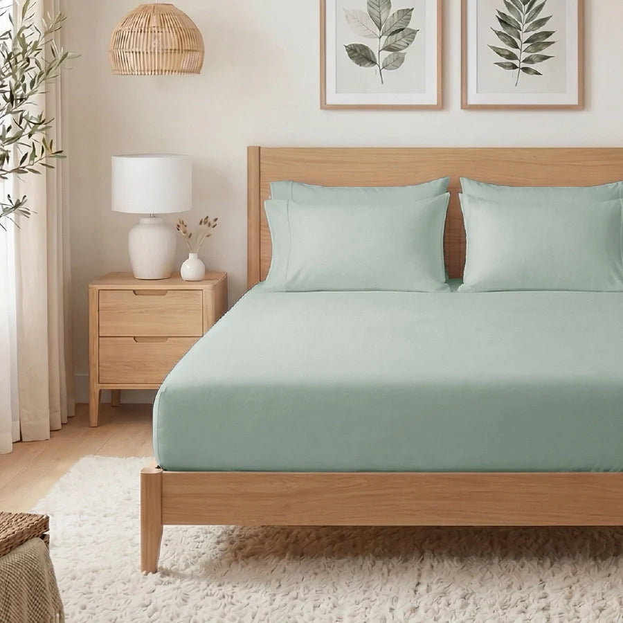 Fitted Bedsheet Set |  400TC Solid | 100% Cotton Bedsheet + 2 Pillow Cases [Sizes: King Bedsheets & Queen/ Double Bedsheets] - Solid-Laurel-Green