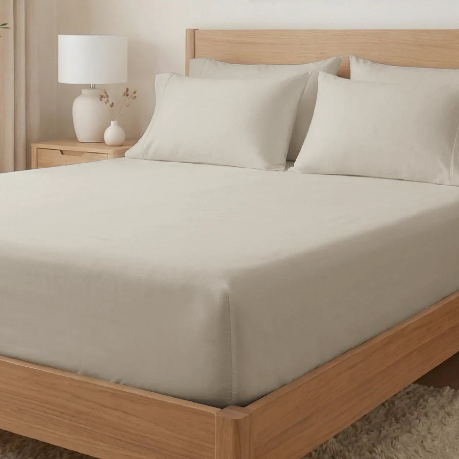 Fitted Bedsheet Set |  400TC Solid | 100% Cotton Bedsheet + 2 Pillow Cases [Sizes: King Bedsheets & Queen/ Double Bedsheets] - Solid-Beige