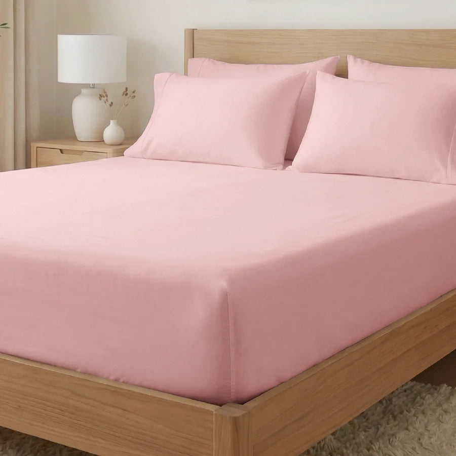 Fitted Bedsheet Set |  400TC Solid | 100% Cotton Bedsheet + 2 Pillow Cases [Sizes: King Bedsheets & Queen/ Double Bedsheets] - Solid-Cameo-Rose