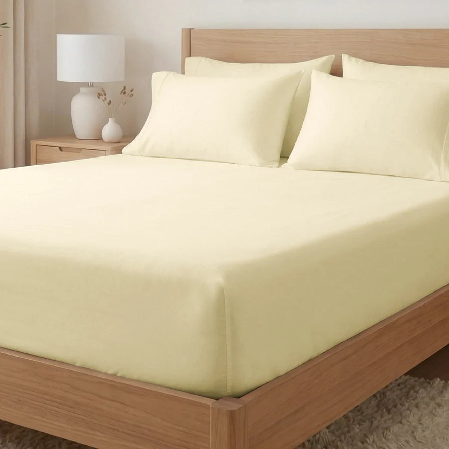 Fitted Bedsheet Set |  400TC Solid | 100% Cotton Bedsheet + 2 Pillow Cases [Sizes: King Bedsheets & Queen/ Double Bedsheets] - Solid-Ivory