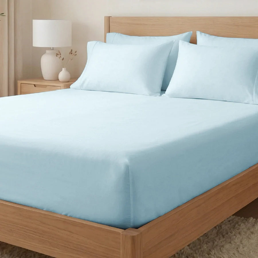Fitted Bedsheet Set |  400TC Solid | 100% Cotton Bedsheet + 2 Pillow Cases [Sizes: King Bedsheets & Queen/ Double Bedsheets] - Solid-Pale-Blue