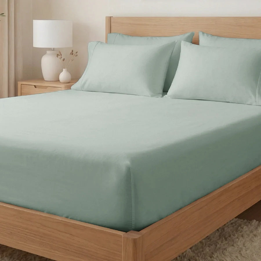 Fitted Bedsheet Set |  400TC Solid | 100% Cotton Bedsheet + 2 Pillow Cases [Sizes: King Bedsheets & Queen/ Double Bedsheets] - Solid-Laurel-Green
