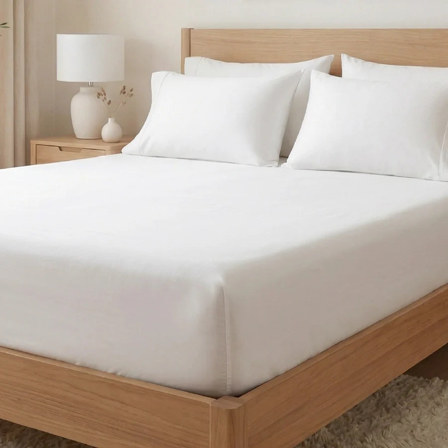Fitted Bedsheet Set |  400TC Solid | 100% Cotton Bedsheet + 2 Pillow Cases [Sizes: King Bedsheets & Queen/ Double Bedsheets] - Solid-White