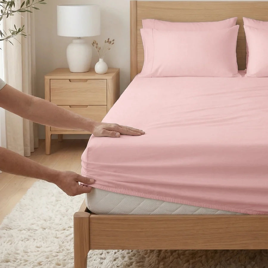 Fitted Bedsheet Set |  400TC Solid | 100% Cotton Bedsheet + 2 Pillow Cases [Sizes: King Bedsheets & Queen/ Double Bedsheets] - Solid-Cameo-Rose