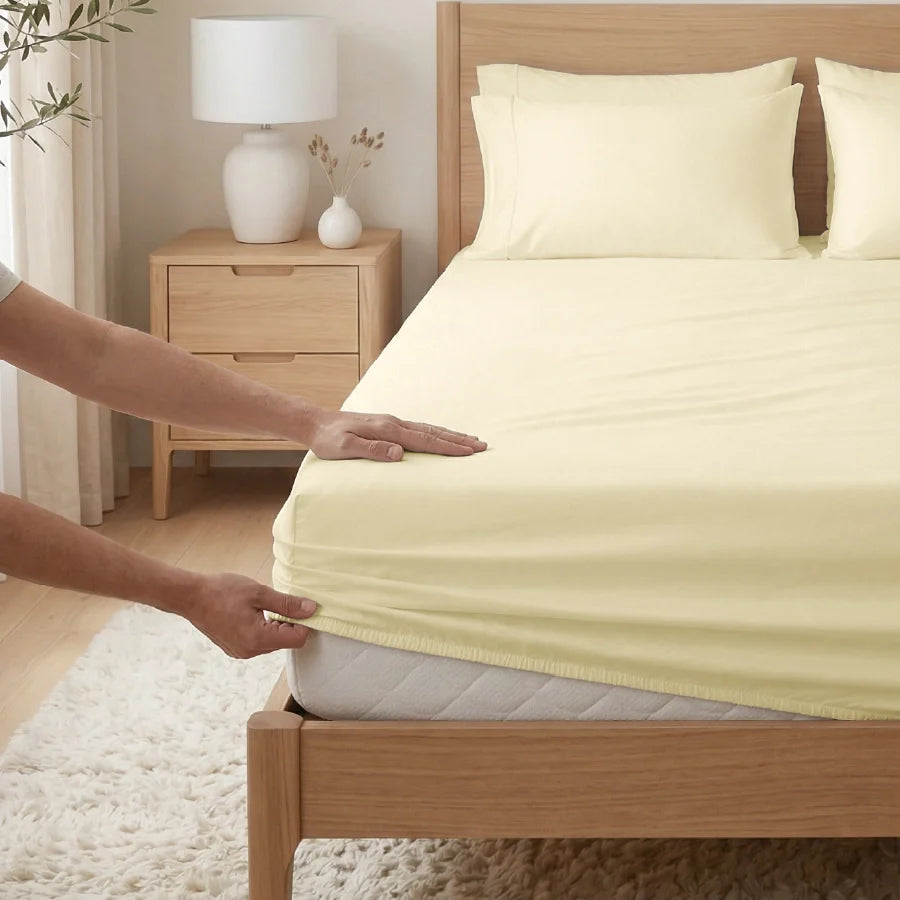 Fitted Bedsheet Set |  400TC Solid | 100% Cotton Bedsheet + 2 Pillow Cases [Sizes: King Bedsheets & Queen/ Double Bedsheets] - Solid-Ivory