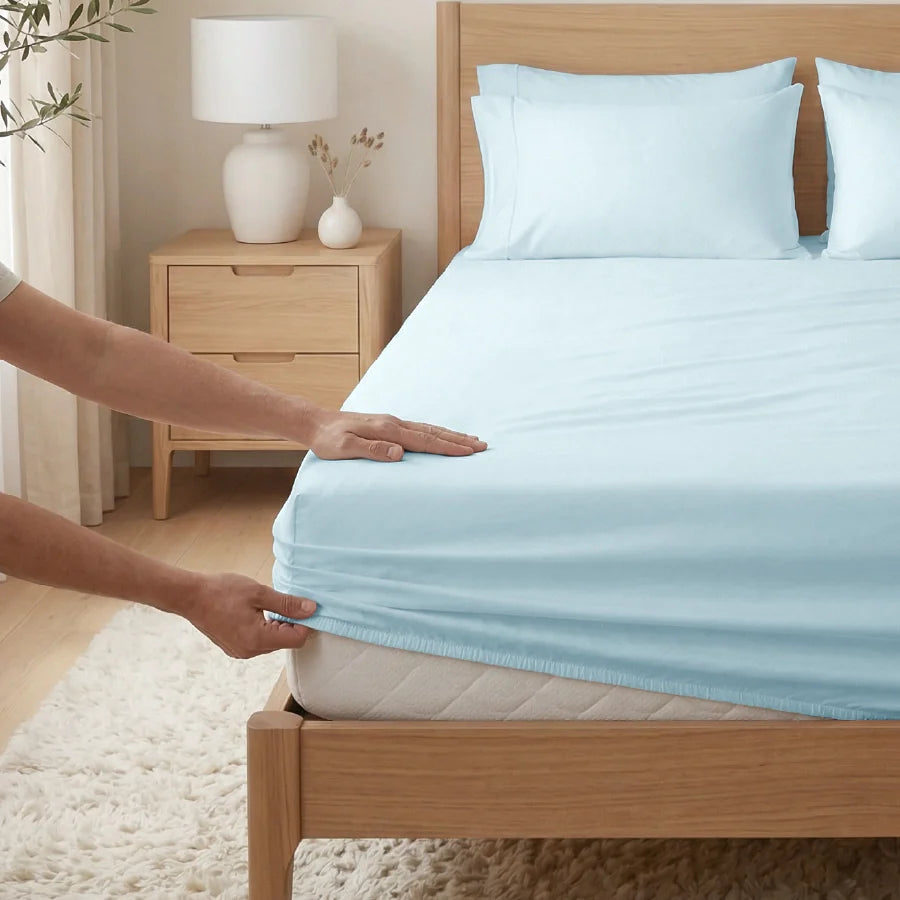 Fitted Bedsheet Set |  400TC Solid | 100% Cotton Bedsheet + 2 Pillow Cases [Sizes: King Bedsheets & Queen/ Double Bedsheets] - Solid-Pale-Blue