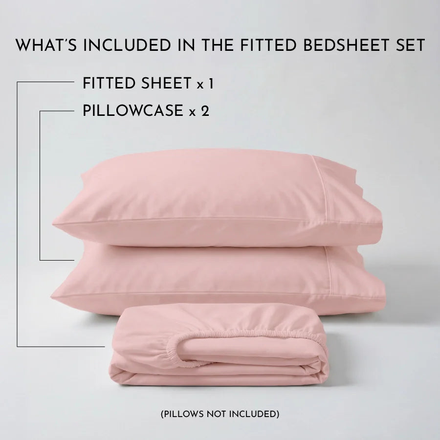 Fitted Bedsheet Set |  400TC Solid | 100% Cotton Bedsheet + 2 Pillow Cases [Sizes: King Bedsheets & Queen/ Double Bedsheets] - Solid-Cameo-Rose