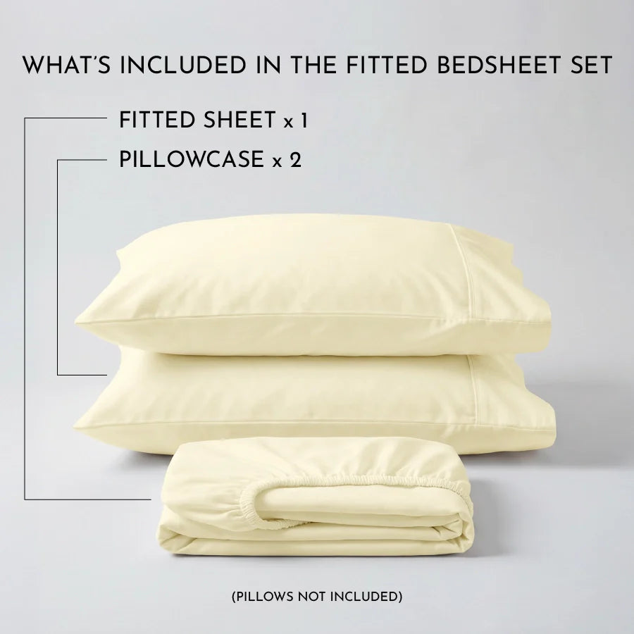Fitted Bedsheet Set |  400TC Solid | 100% Cotton Bedsheet + 2 Pillow Cases [Sizes: King Bedsheets & Queen/ Double Bedsheets] - Solid-Ivory