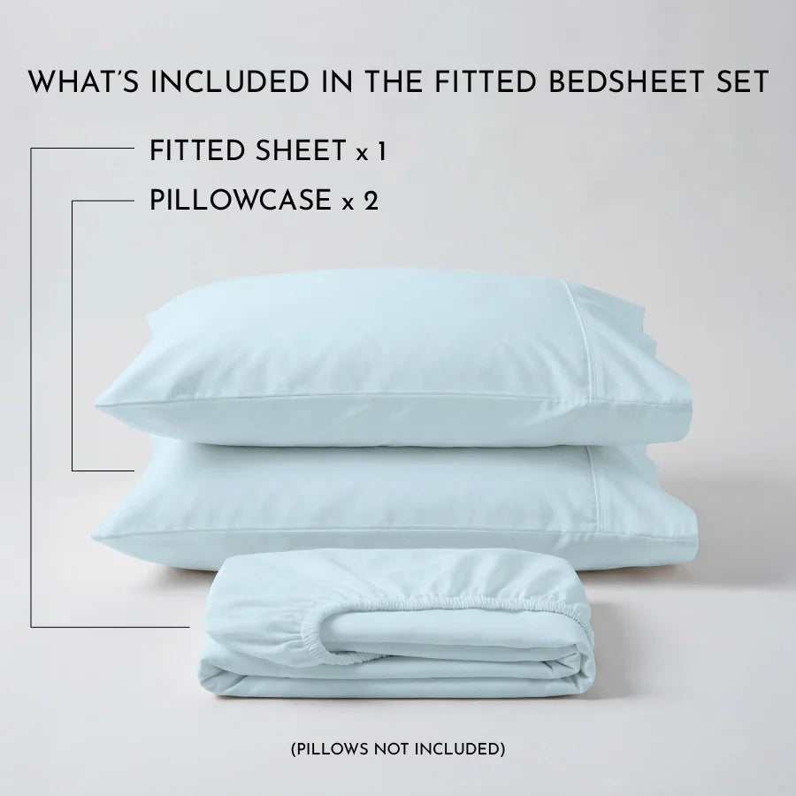 Fitted Bedsheet Set |  400TC Solid | 100% Cotton Bedsheet + 2 Pillow Cases [Sizes: King Bedsheets & Queen/ Double Bedsheets] - Solid-Pale-Blue