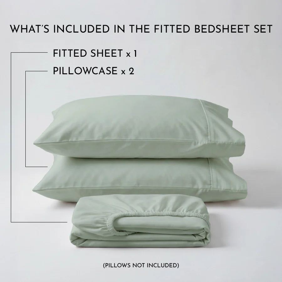 Fitted Bedsheet Set |  400TC Solid | 100% Cotton Bedsheet + 2 Pillow Cases [Sizes: King Bedsheets & Queen/ Double Bedsheets] - Solid-Laurel-Green