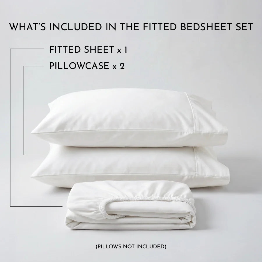 Fitted Bedsheet Set |  400TC Solid | 100% Cotton Bedsheet + 2 Pillow Cases [Sizes: King Bedsheets & Queen/ Double Bedsheets] - Solid-White