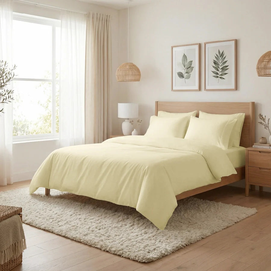 Fitted Bedsheet Set |  400TC Solid | 100% Cotton Bedsheet + 2 Pillow Cases [Sizes: King Bedsheets & Queen/ Double Bedsheets] - Solid-Ivory