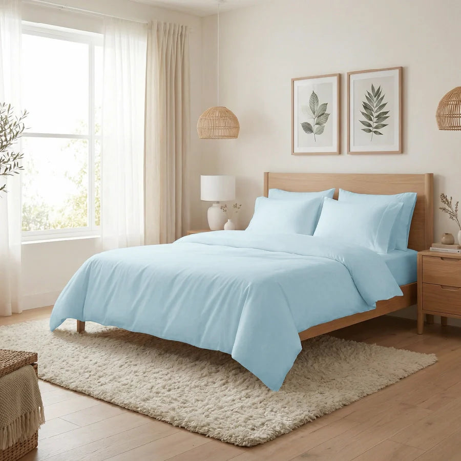 Fitted Bedsheet Set |  400TC Solid | 100% Cotton Bedsheet + 2 Pillow Cases [Sizes: King Bedsheets & Queen/ Double Bedsheets] - Solid-Pale-Blue
