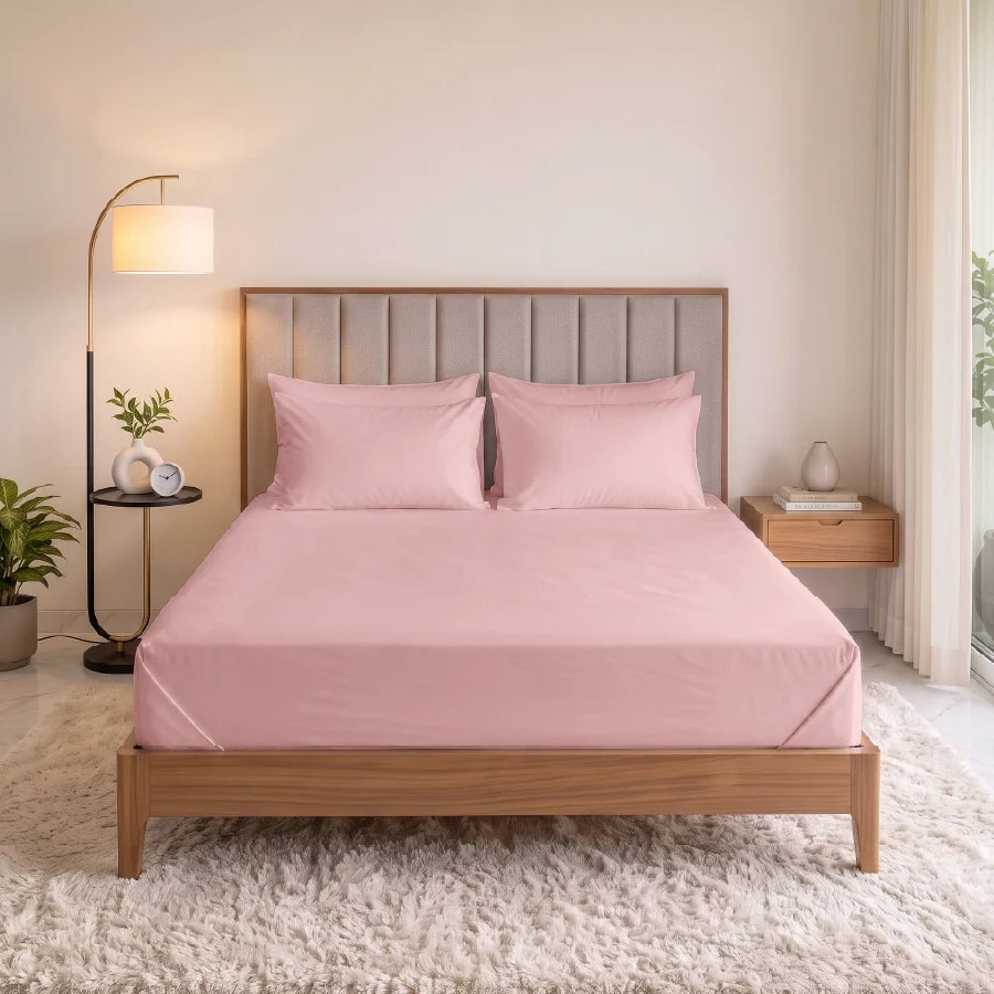 Bedsheet Set | 600TC Solid | 100% Cotton King Size Bedsheet + 4 Pillow Cases - solid-cameo-rose