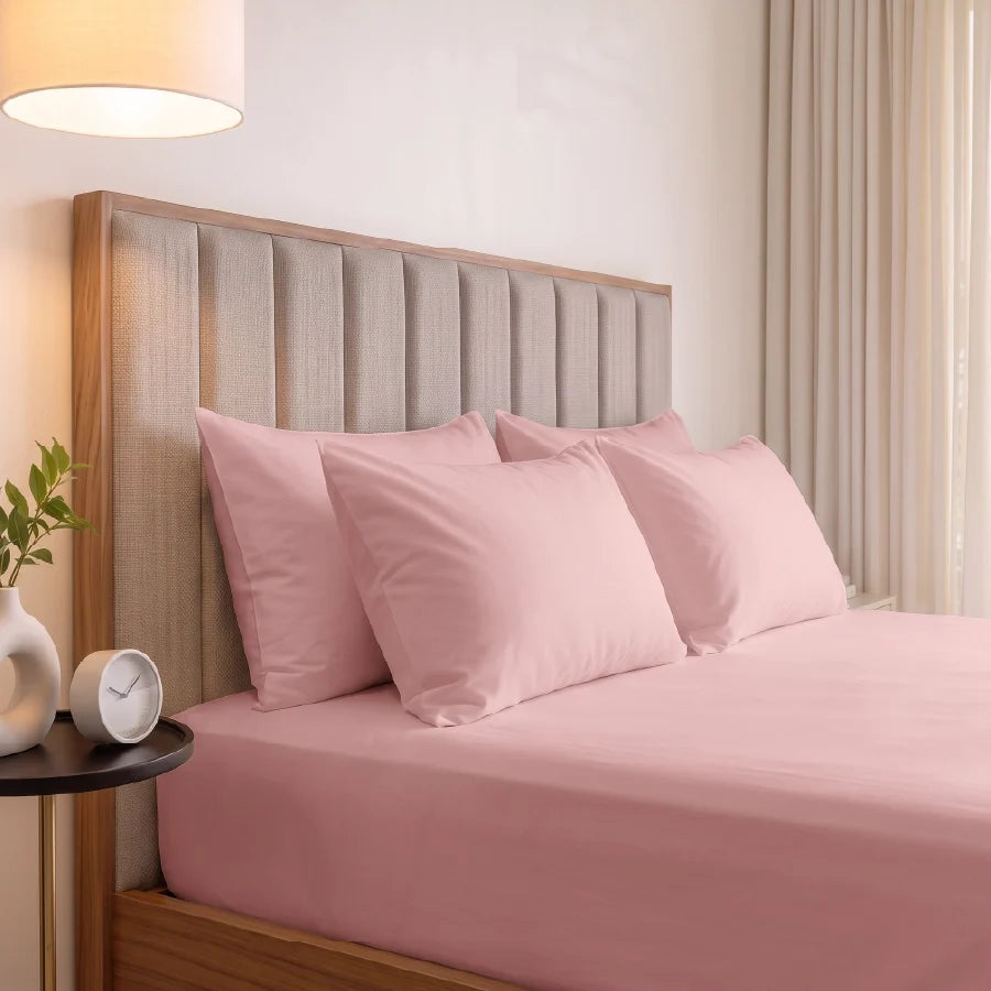 Bedsheet Set | 600TC Solid | 100% Cotton King Size Bedsheet + 4 Pillow Cases - solid-cameo-rose