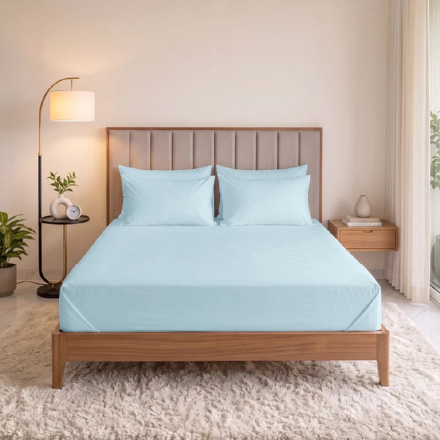 Bedsheet Set | 600TC Solid | 100% Cotton King Size Bedsheet + 4 Pillow Cases - solid-pale-blue