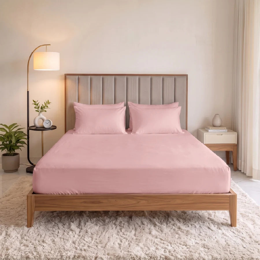 Fitted Bedsheet Set | 600TC Solid | 100% Cotton Bedsheet + 4 Pillow Cases [Sizes: King Bedsheets & Queen/ Double Bedsheets] - solid-cameo-rose