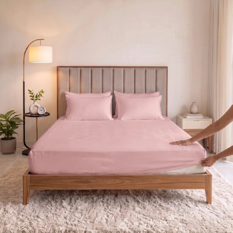 Fitted Bedsheet Set | 600TC Solid | 100% Cotton Bedsheet + 4 Pillow Cases [Sizes: King Bedsheets & Queen/ Double Bedsheets] - solid-cameo-rose
