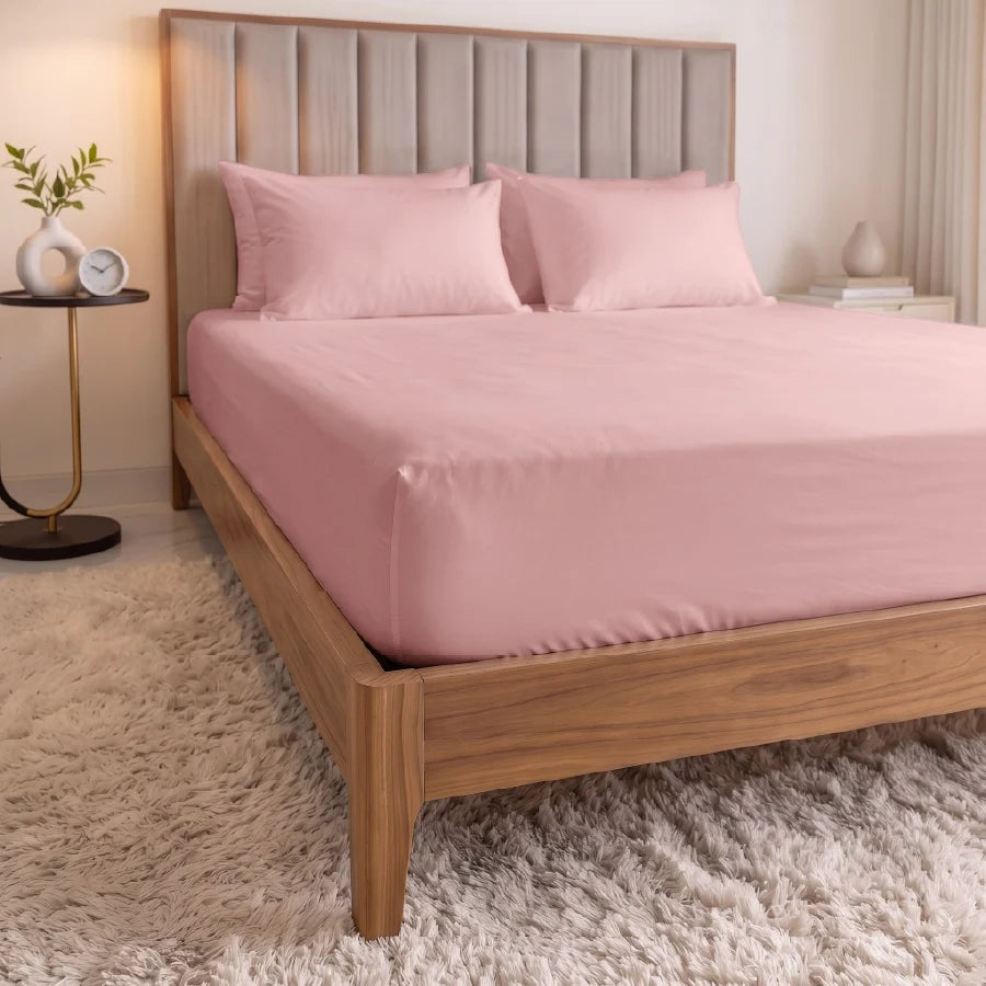 Fitted Bedsheet Set | 600TC Solid | 100% Cotton Bedsheet + 4 Pillow Cases [Sizes: King Bedsheets & Queen/ Double Bedsheets] - solid-cameo-rose