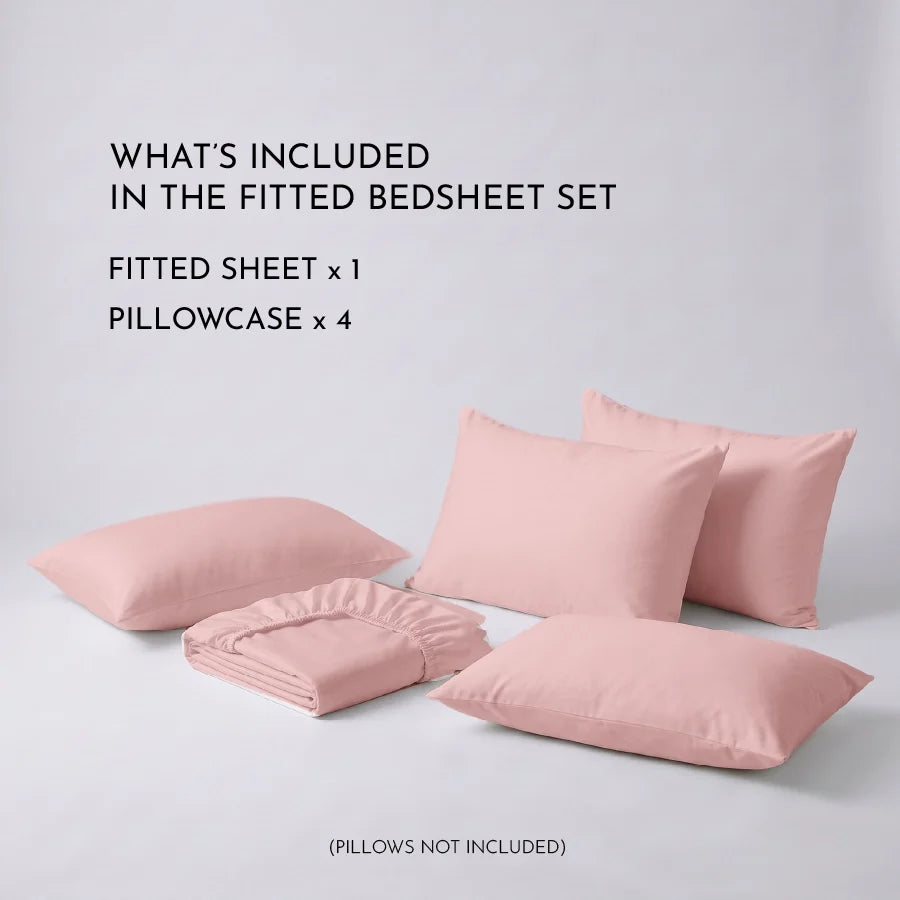 Fitted Bedsheet Set | 600TC Solid | 100% Cotton Bedsheet + 4 Pillow Cases [Sizes: King Bedsheets & Queen/ Double Bedsheets] - solid-cameo-rose