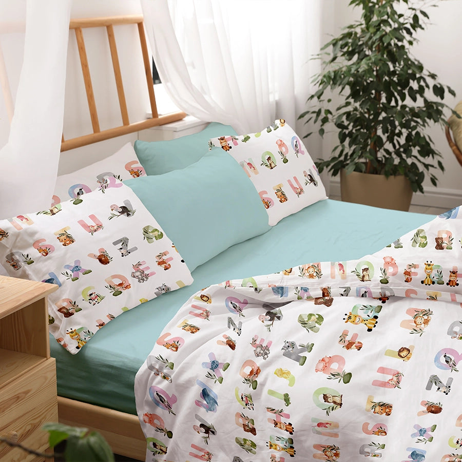 Bedding Bundle - Fitted Sheet Set with Duvet Cover - Alphabets Adventure - King, Queen - 300TC