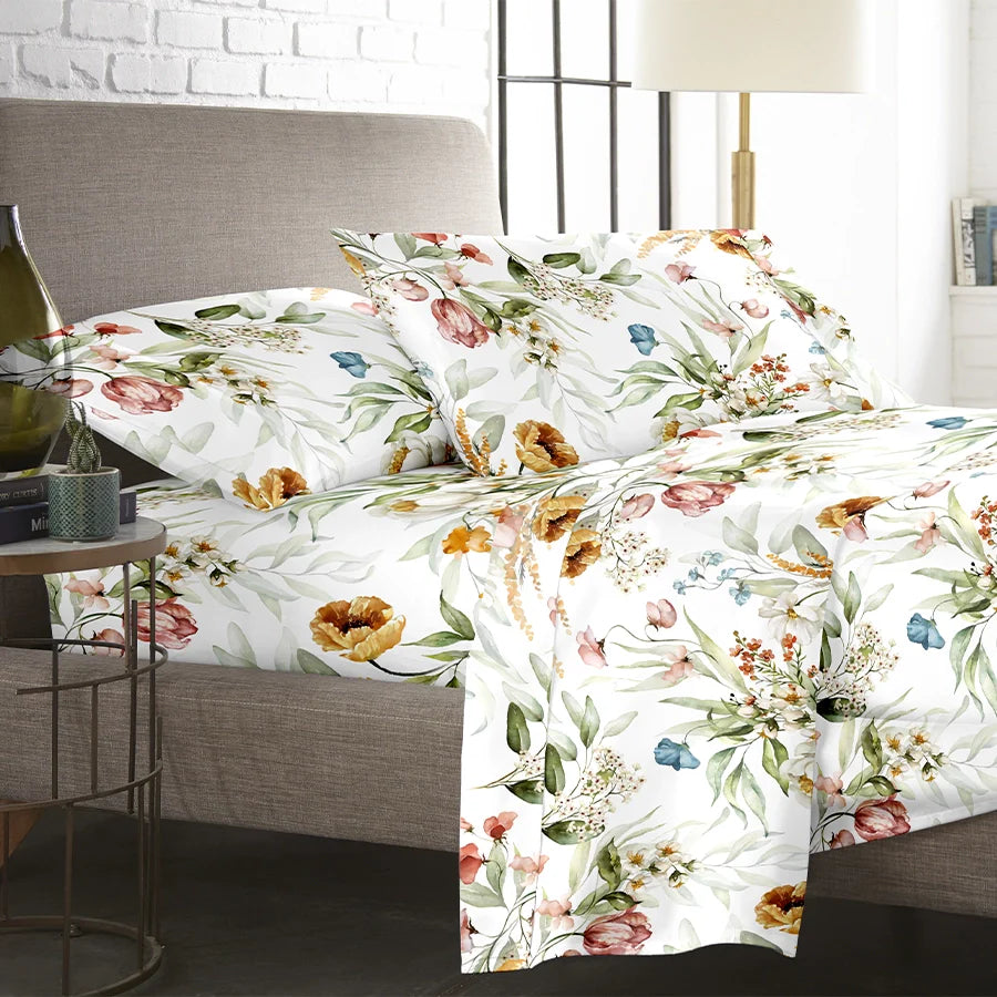 Bedsheet Set - Autumn Flora - Autumn_White - Single & King - 300TC - Size Single