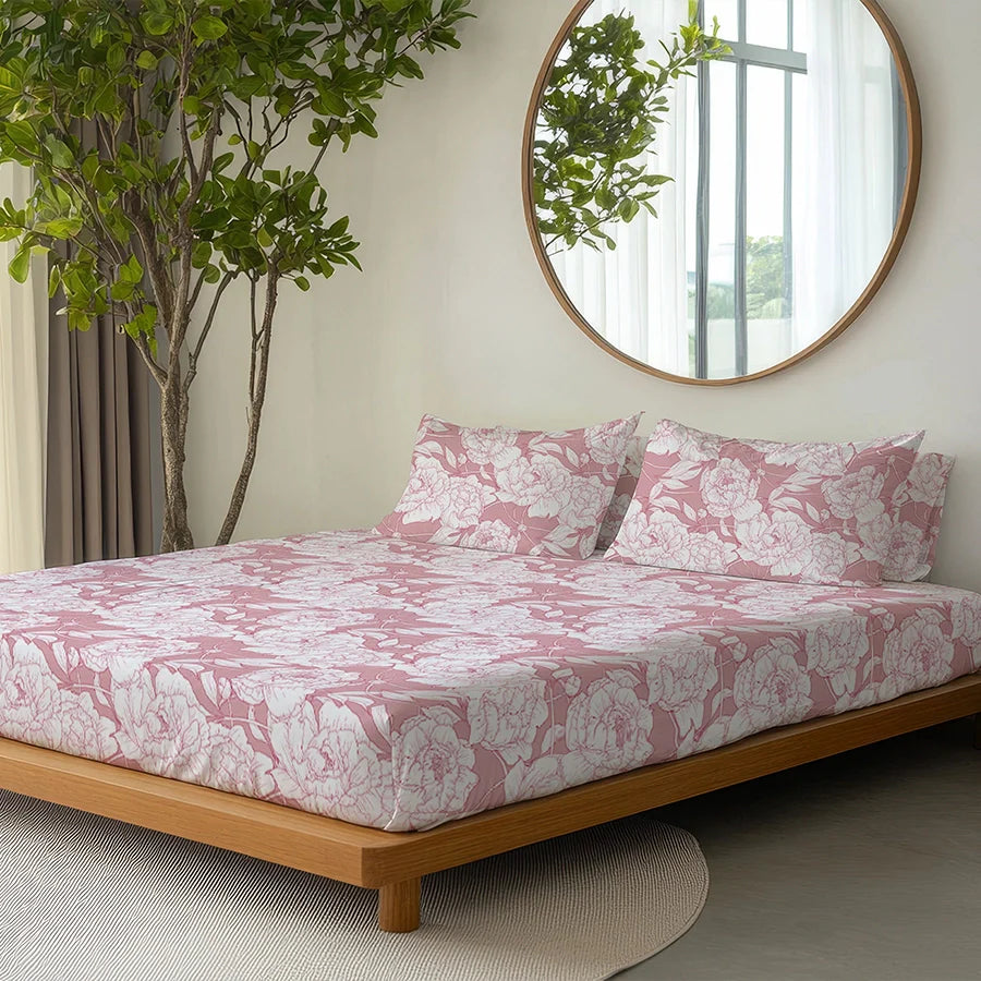 Bedsheet Set - Bloomful Pink - Single & King - 200TC - Size Single