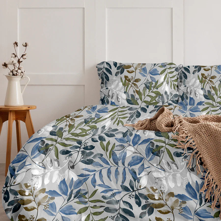 Bedsheet Set - 300TC Blooming Rowan Leaves - Blue - Single & King - Size Single