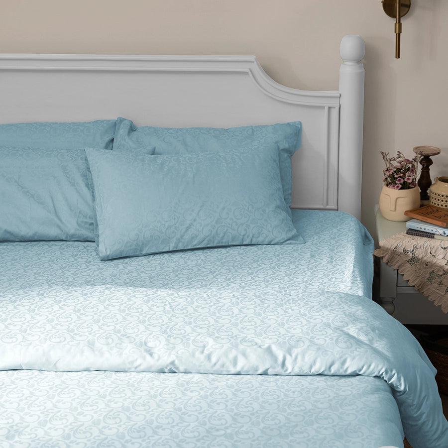 Bed [Bedding Bundle - Fitted Sheet Set with Duvet Cover - 300TC Blooming Coral  - Pale Blue - Queen / Double & King / Double]