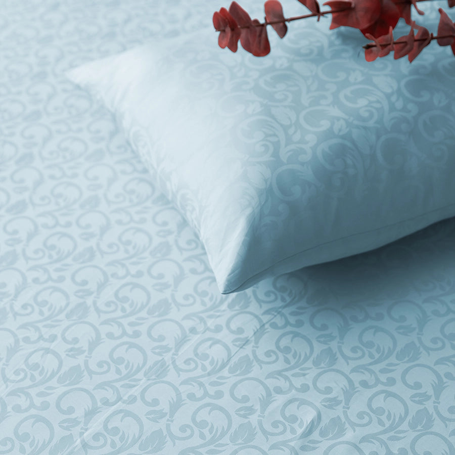 Bed [Bedding Bundle - Fitted Sheet Set with Duvet Cover - 300TC Blooming Coral  - Pale Blue - Queen / Double & King / Double]