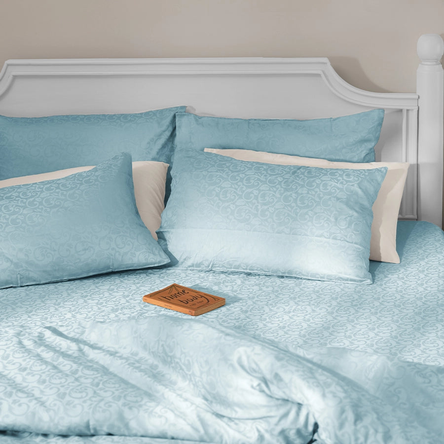 Bed [Bedding Bundle - Fitted Sheet Set with Duvet Cover - 300TC Blooming Coral  - Pale Blue - Queen / Double & King / Double]