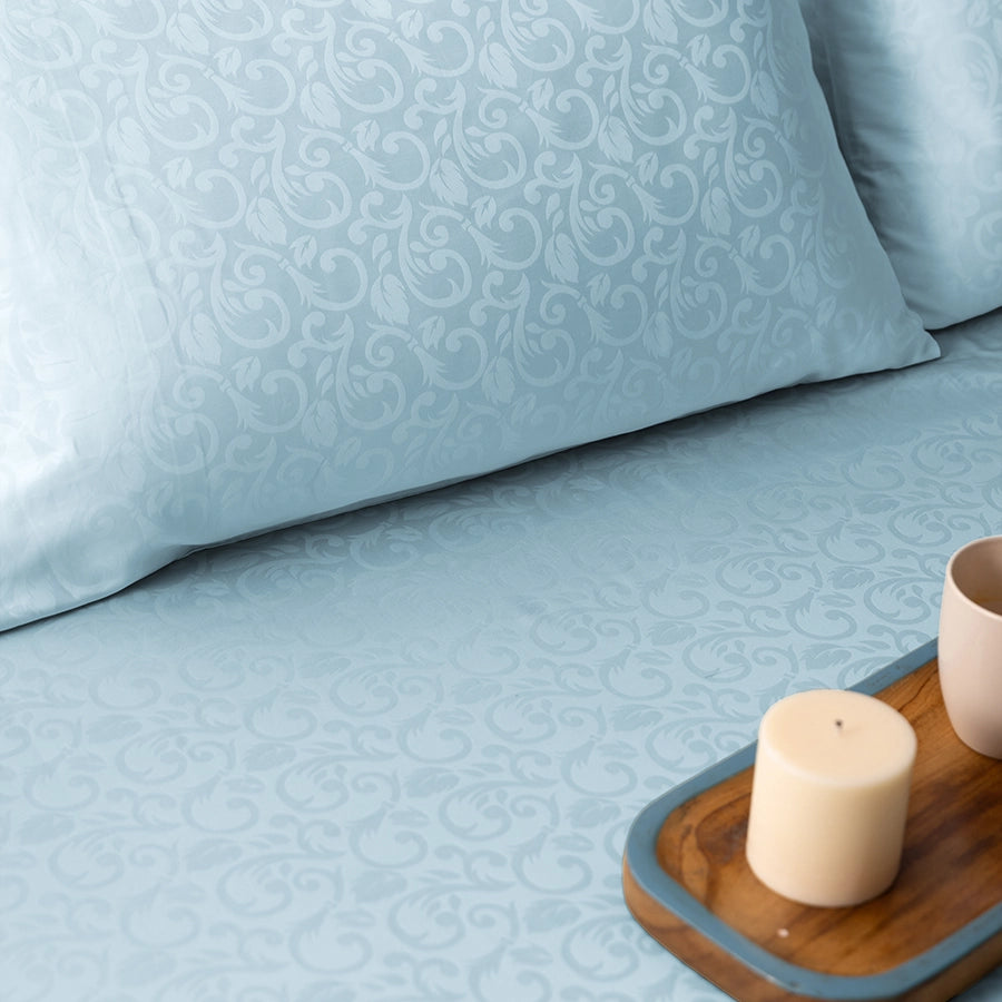 Bed [Bedding Bundle - Fitted Sheet Set with Duvet Cover - 300TC Blooming Coral  - Pale Blue - Queen / Double & King / Double]