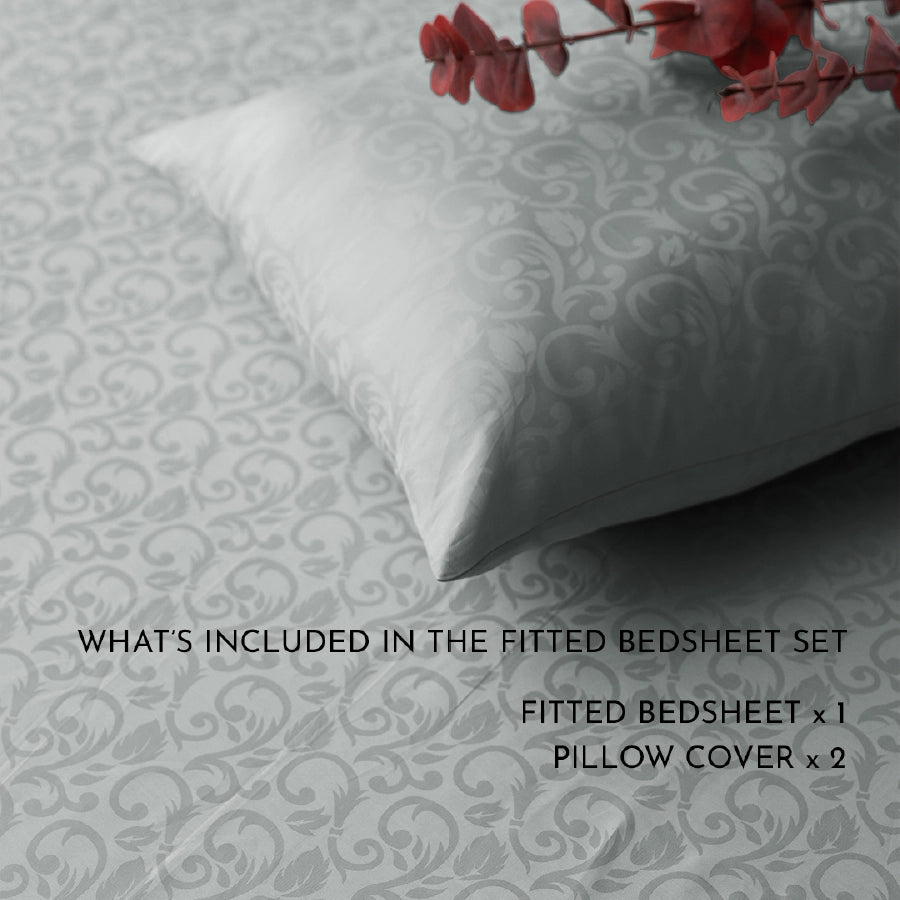 Fitted Set - Blooming Coral Jacquard - Light Grey - Queen & King