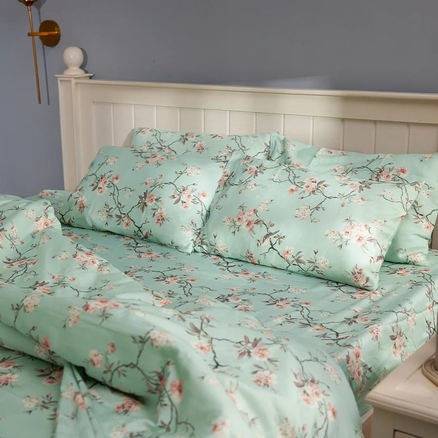 Bedsheet Set - 300TC Cherry Blossom - Mustard Yellow, Green, White - Single & King - Size Single