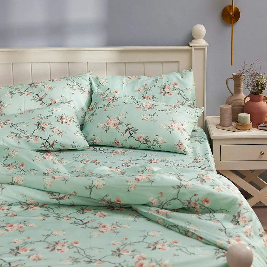 Bedsheet Set - 300TC Cherry Blossom - Mustard Yellow, Green, White - Single & King - Size Single
