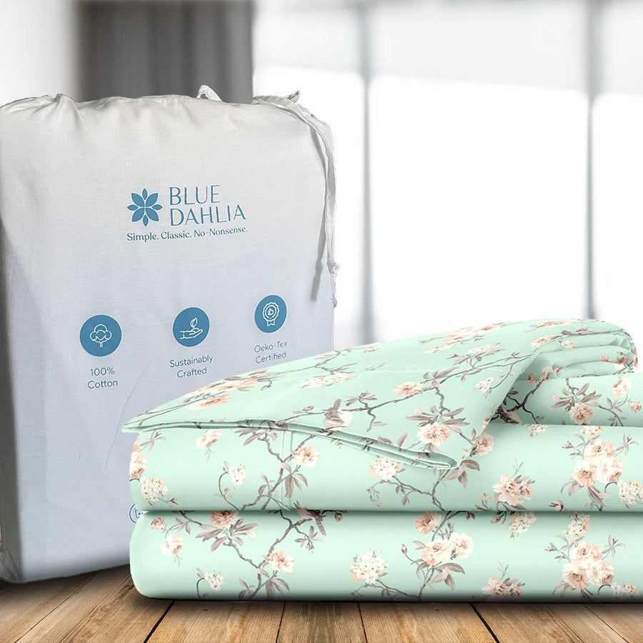 Bedsheet Set - 300TC Cherry Blossom - Mustard Yellow, Green, White - Single & King - Size Single