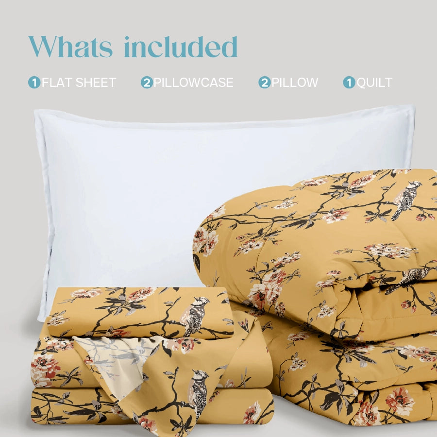 Bedding Bundle - Bedsheet Set with Quilt & Pillows - Cherry Blossom