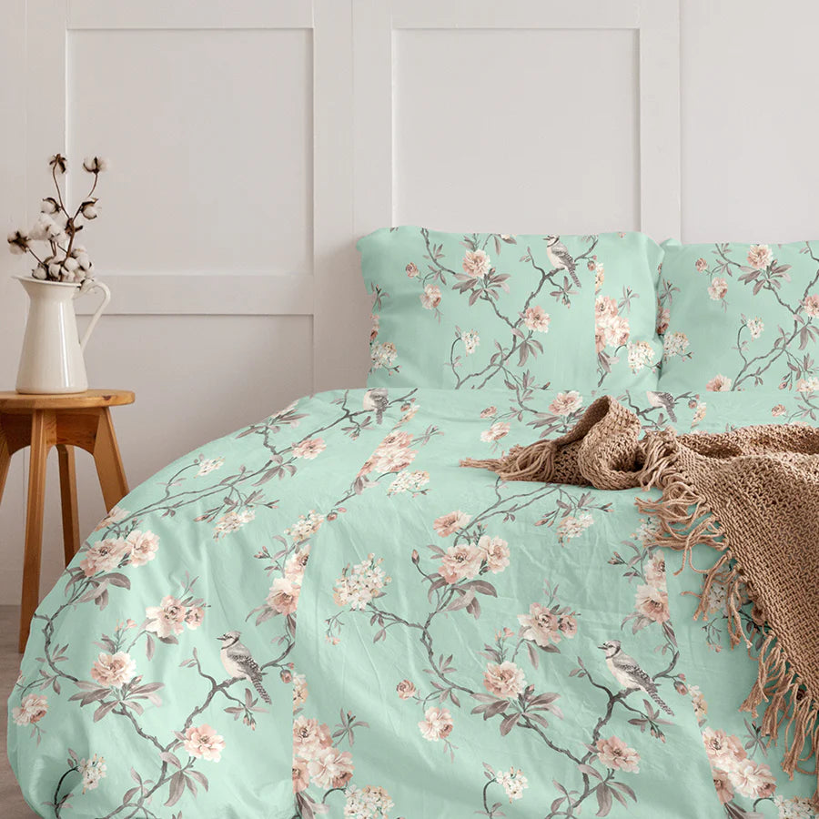 Fitted Set - 300TC Cherry Blossom - Mustard Yellow, Green, White - Queen & King