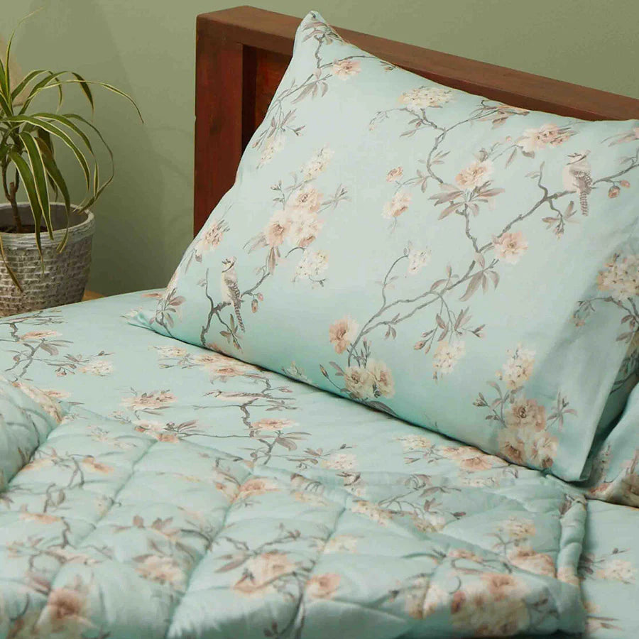 AC Comforter - Cherry Blossom - Green, Mustard Yellow - Double - 300TC