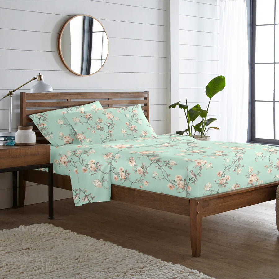 Bedding Bundle - Bedsheet Set with Quilt & Pillows - Cherry Blossom - King/Double - 300TC